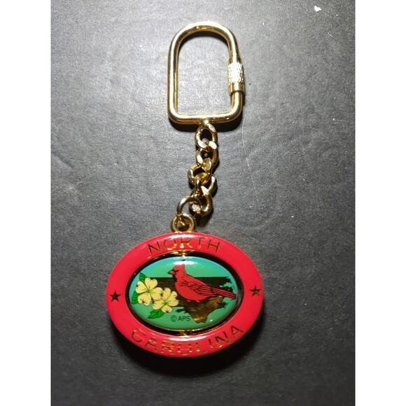 North Carolina Spinner Keychain Dogwood Cardinal Red Gold Tone - Picture 2 of 4